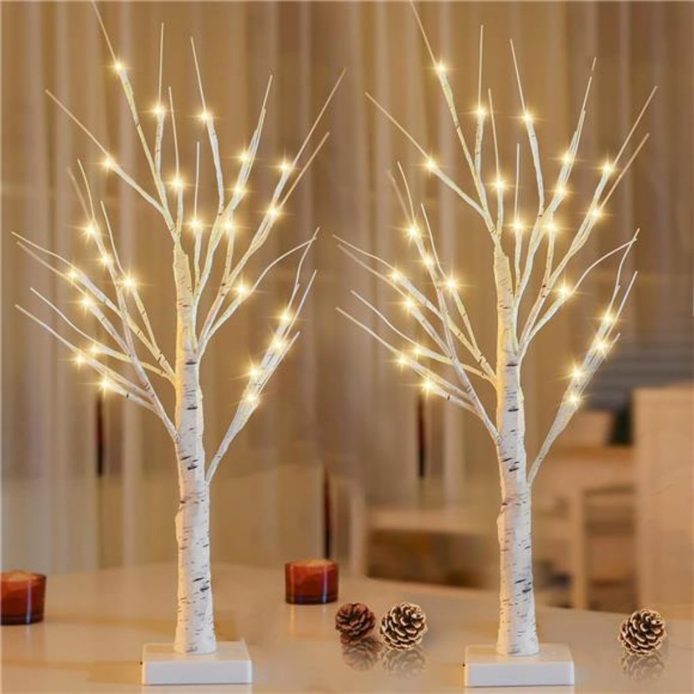 2-Pack 2FT Lighted Birch Tree, Easter Tree Decor Birch Tree with 48 LED Lights